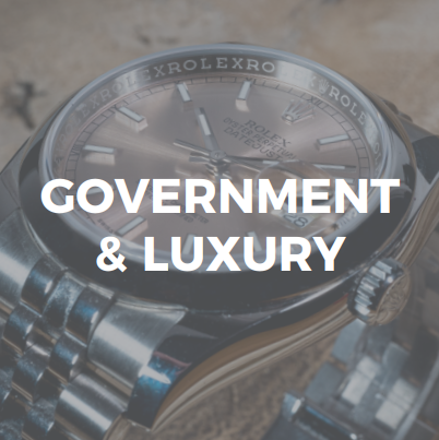 low brightness close up of a Rolex watch with a title in white lettering that reads Government and Luxury