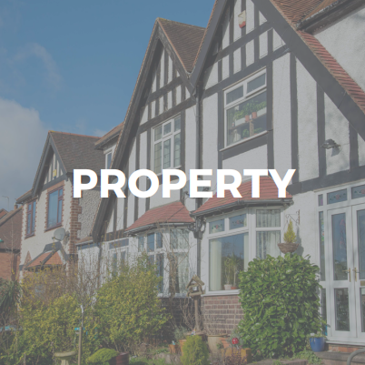 low brightness row of Tudor style rural terraced housing with a title in white lettering that reads Property