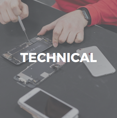 low brightness close up of a staff member repairing a dismembered smartphone with a title in white lettering that reads Technical